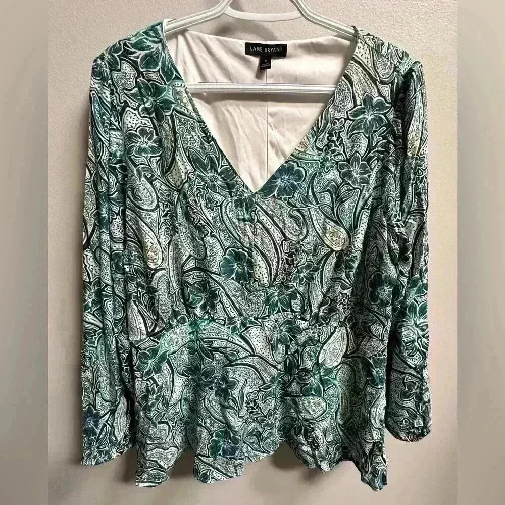 Lane Bryant Peasant Blouse Blue Gold Metallic Cinched Waist Long Sleeve Women 14